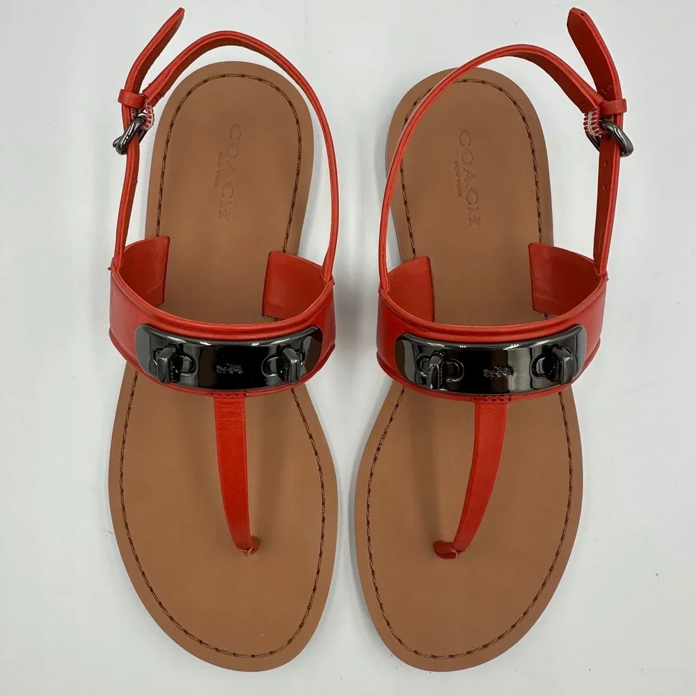 Coach Red Leather T-Strap Sandals